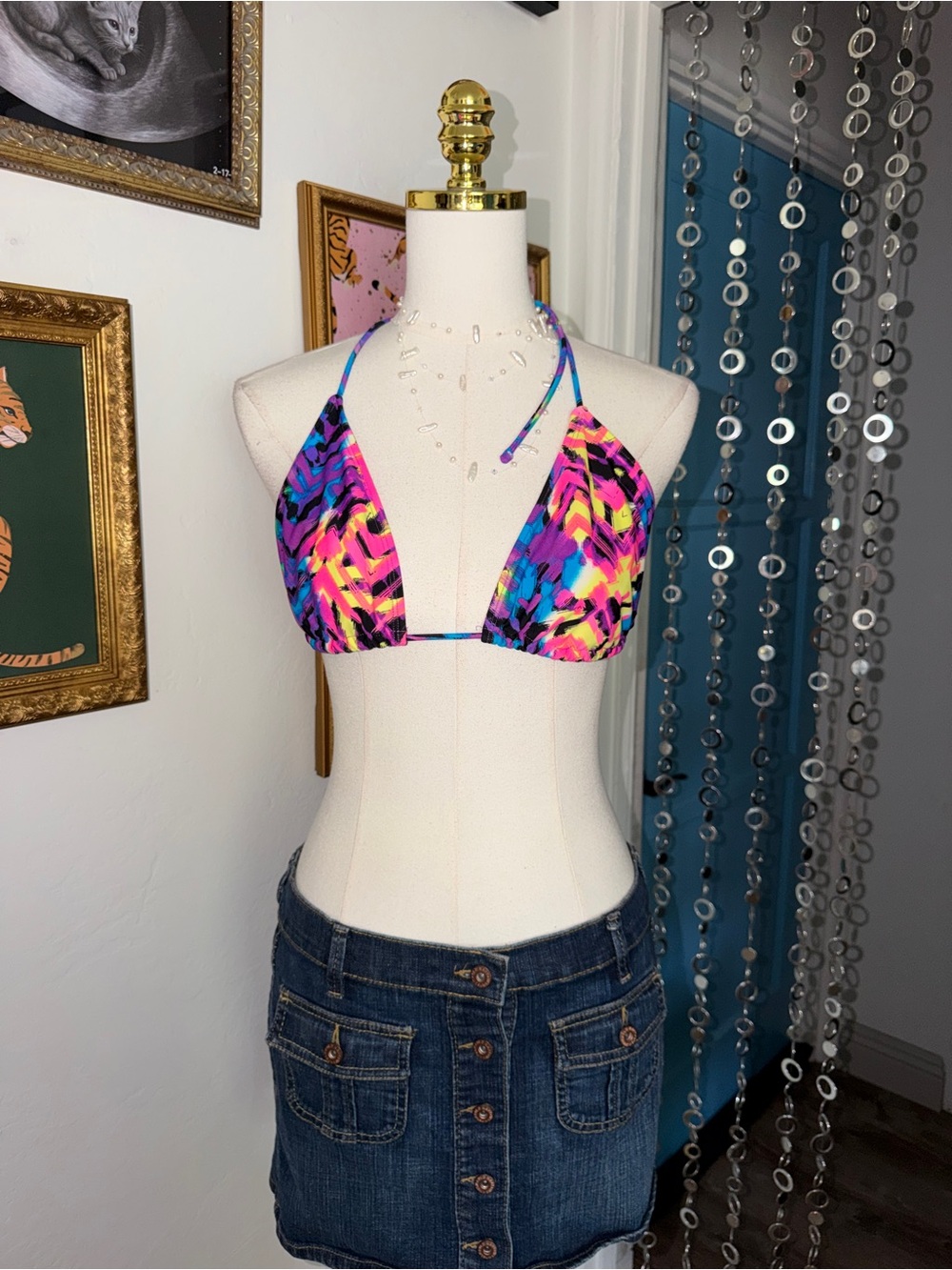 Vintage Y2K OP Vibrant Multicolor Triangle Bikini Top - Women Swim